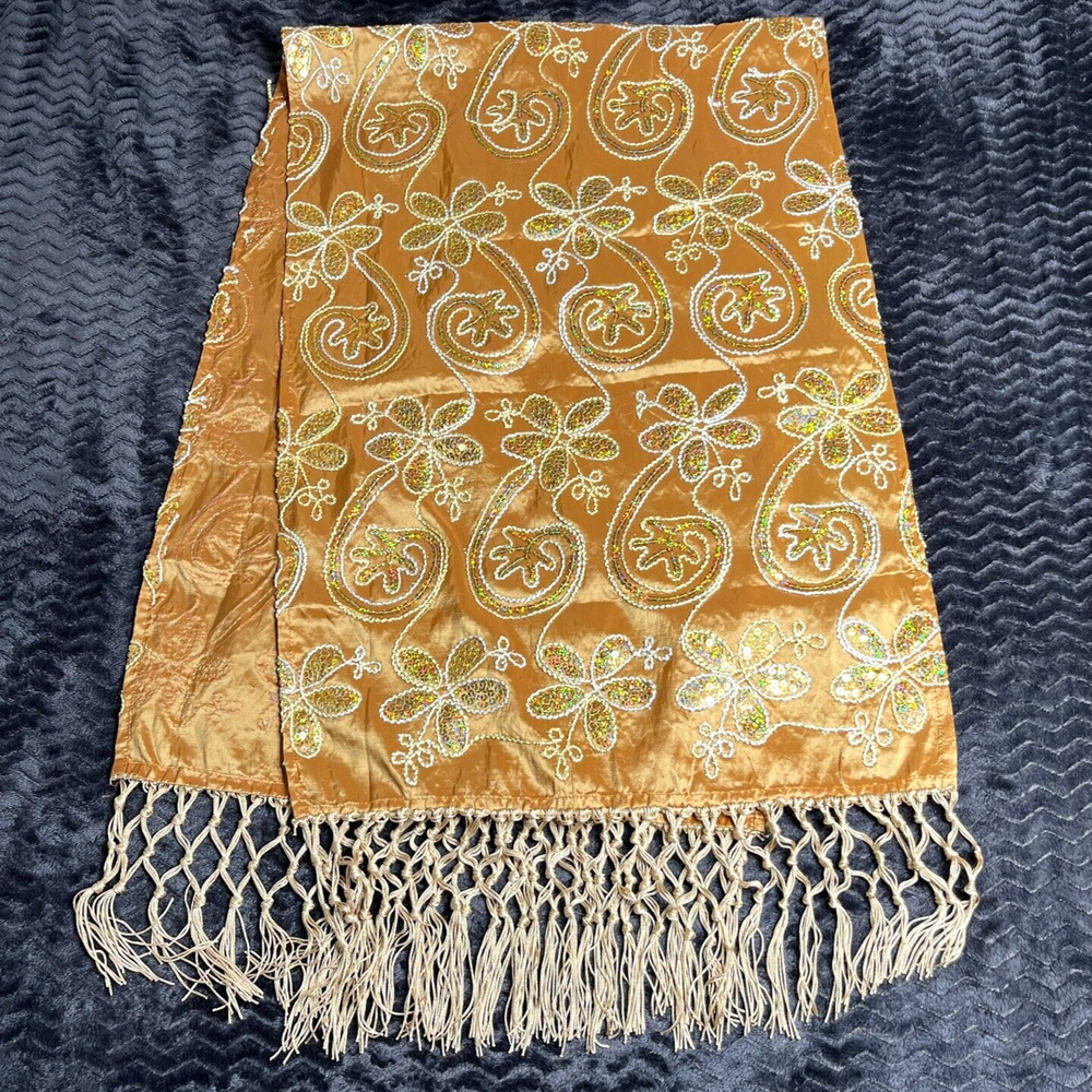 Pashmina Gold Sequin or Table Runner Fringe Embroidered